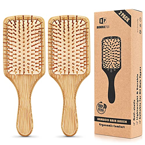 Lot de 2 brosses à cheveux en bambou naturel de forme Paddle