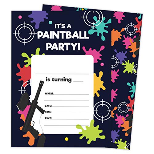 Paintball Design 2 Happy Birthday Invitations Invite Cards (25 Count) With Envelopes and Seal Stickers Vinyl Girls Kids Party (25ct)