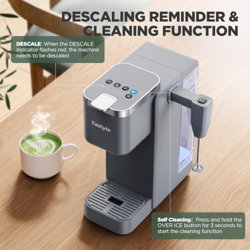 Image of Tastyle Single Serve Coffee Maker, Iced and Hot Coffee Machine for K Cup & Grounds, Built-in Detachable Milk Frother, 40oz Removable Water Reservoir, 6 to 24 Oz Brew Sizes, Classic Gray