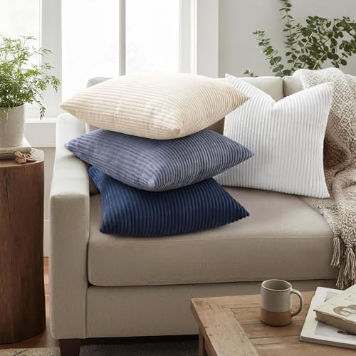 Image of Mecatny Corduroy Decorative Throw Pillow Covers 24x24 Set of 2 for Sofa Living Room, Soft Neutral Boho Couch Pillow Covers for Home Decor, Deep Blue