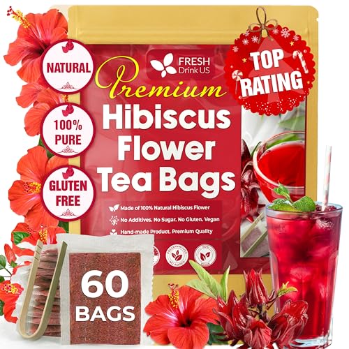 Image of FRESHDRINKUS 60 Hibiscus Flowers Tea Bags, 100% Natural, Pure from Hibiscus Flowers. Loose Flower Hibiscus Herbal Tea. Hibiscus Flower Tea. No Sugar, No Caffeine, No Gluten, Vegan.