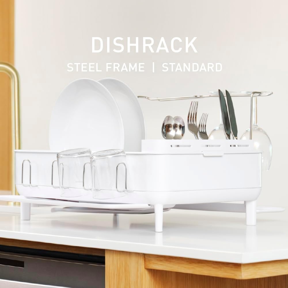 simplehuman large capacity dish drying rack with stainless steel frame, 360º easy drain swivel spout, utensil & wine glass holder, anti-residue coating, moisture control surface, white white full-size (20'' x 22.3'' x 11.5'')
