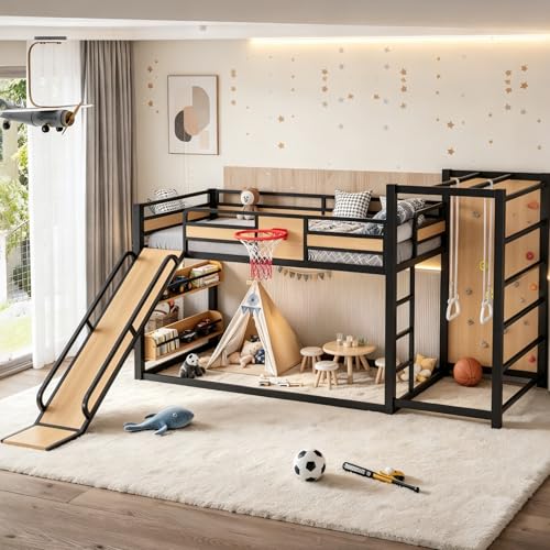 Image of Bellemave Twin XL Bunk Bed with Slide, Basketball Hoop & Climbing Wall, Heavy Duty Bunk Beds Twin XL with Guardrails, Low Bunk Bed for Bedrooms, No Box Spring Needed, Yellow