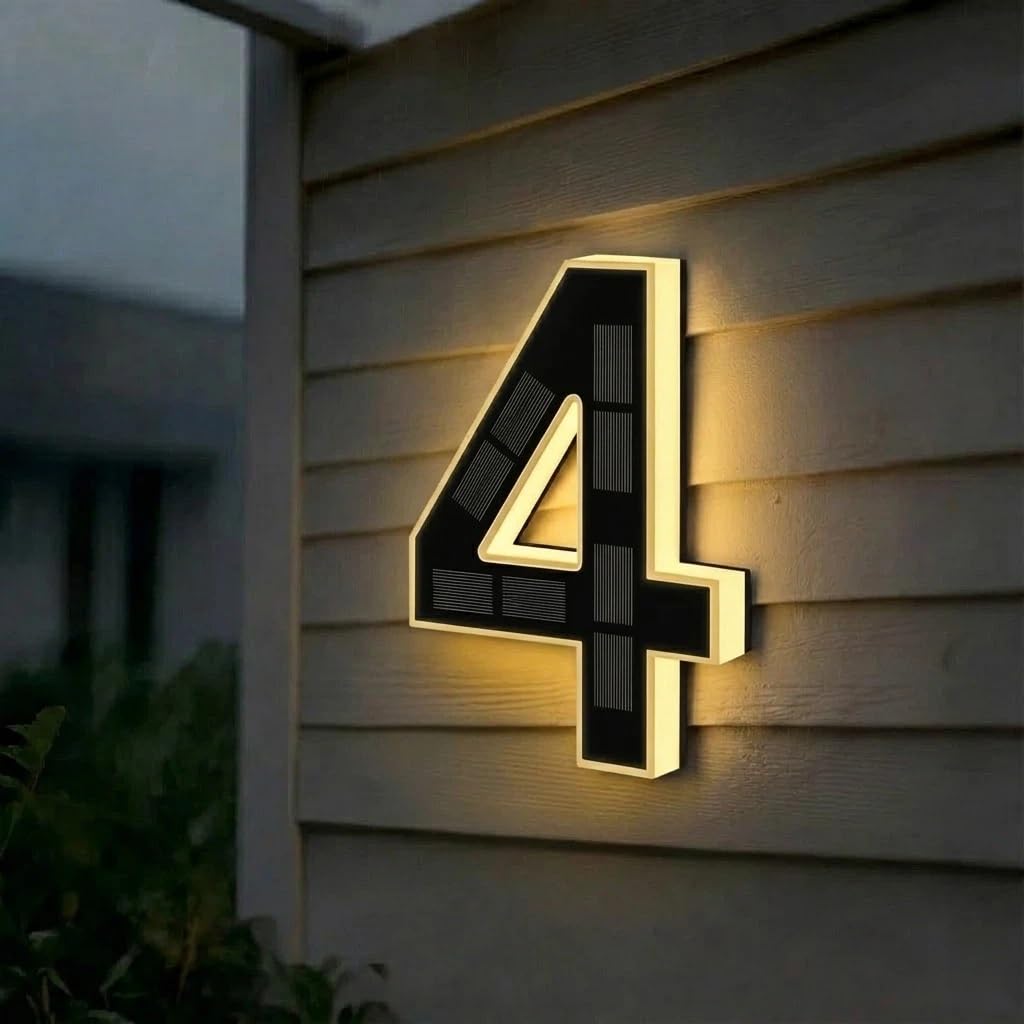 Solar House Numbers for Outside, 4.7"/6.7"/9" LED Lighted Address Sign for House, IP65 Waterproof Illuminated Modern Numbers, Dusk to Dawn Auto-Glow for Home Mailbox Yard(4-Black,9")