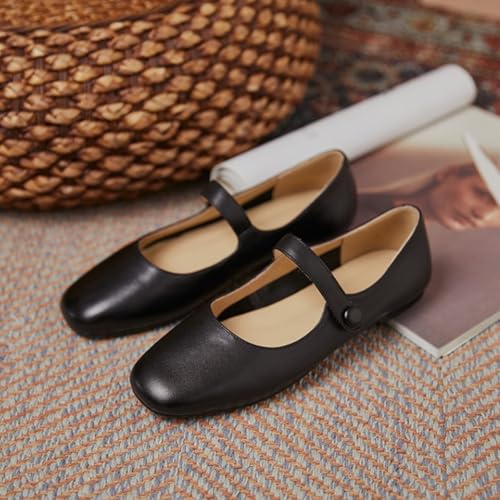 Leather Mary Jane Flats for Women Closed Square Toe Ankle Strap Ballet Flats Comfortable Dress Shoes for Work Office Business2