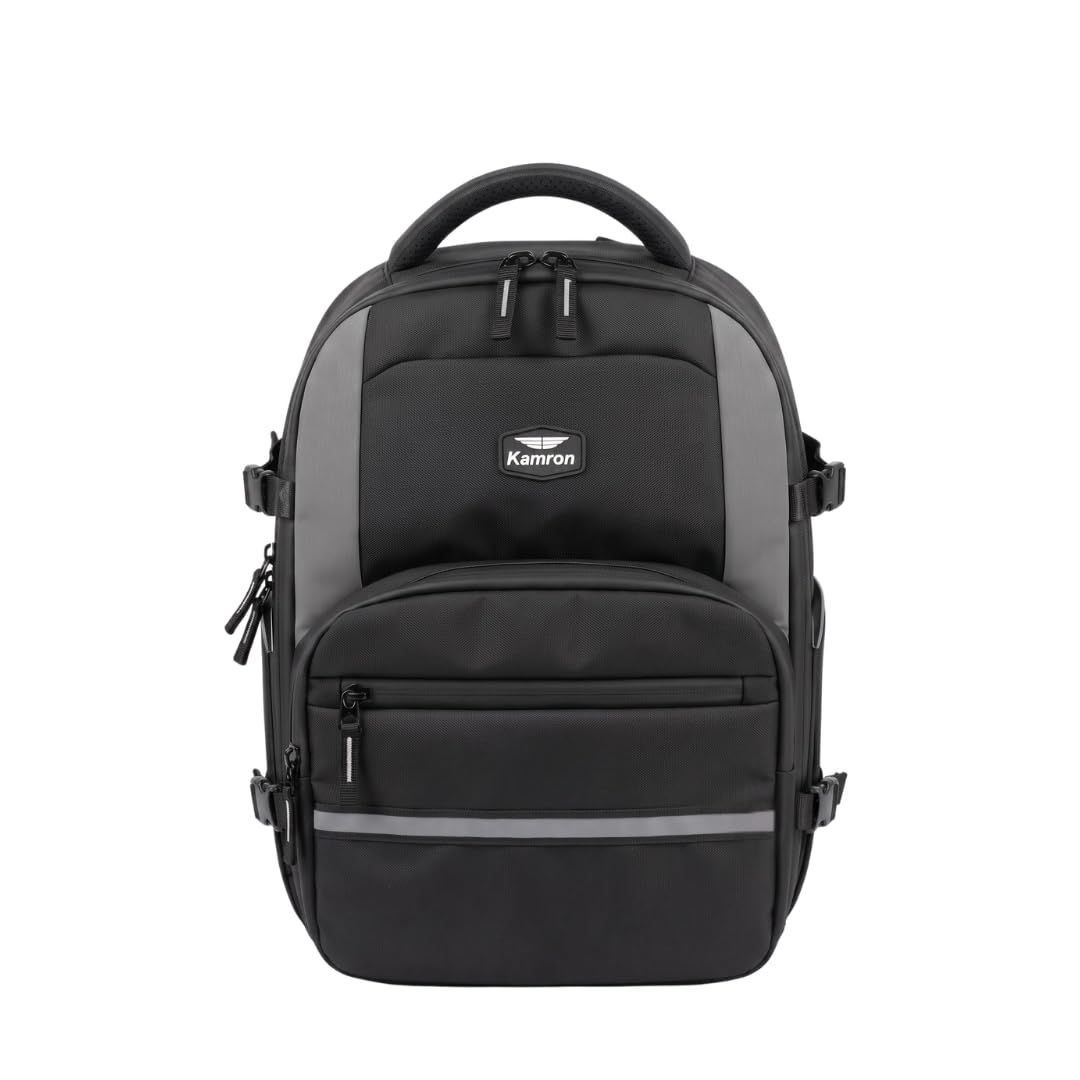 kamron p93 mini camera backpack compact professional carry bag | 27 x 43 x 20 cm, multiple compartments, reflective strip, top carry handle, black & grey
