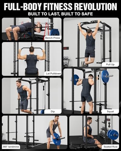 Image of C1-V4 Power Cage, 2000LBS Squat Rack with LAT Pulldown, Multi-Function Weight Cage Strength Training Machine, Workout Cage with More Attachments for Home Gym Garage