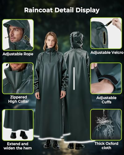 Image of ANYCHO Long Rain Coat for Men Waterproof and Women, Durable Oxford Unisex Raincoat for Men Waterproof with Adjustable Hood & Reflective Stripe