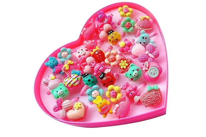Image of Adjustable Rings Set for Kids | 36 Pcs Jewelry Rings with Heart Shape Box, Birthday Gift
