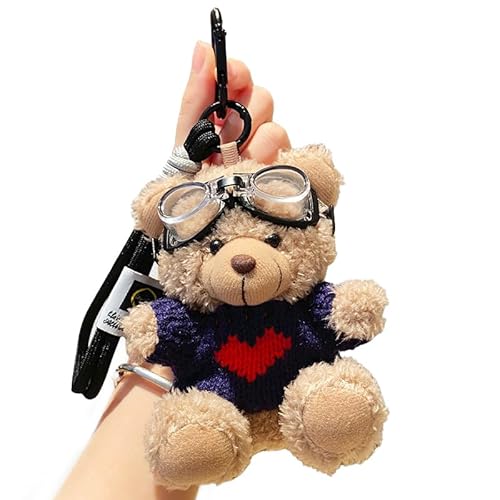 DIKIMO Cute Teddy Bear Keychain, Soft Fashion Little Bear with Sweater Keyring Backpack Pendant (Brown Bear+Blue Heart Sweater), 4.7 inches