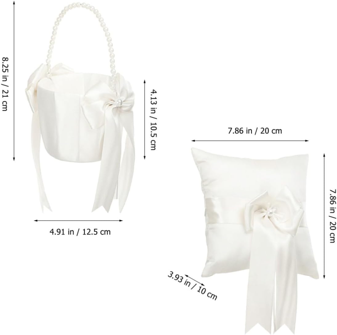 MAGICLULU Flower Pearl Pillow Set Wedding and Girl Basket with Ring White Lace Embellishments Embellish, Scatter Petals for Elegant Rings Engagement Ceremonies