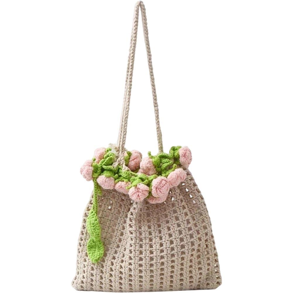 Sanfly Rose Crochet Handbag Retro Hollow Woven Shoulder Bags Cute Knitted Shoulder Tote Bag Floral Hollowed Out Armpit Bags