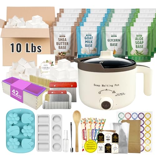 LFISGNN Soap Making Kit with 4 Flavored 10 lbs Soap Base in Bulk DIY Soap Making Supplies Kits for Adults with Soap Melting Pot Soap Base (Shea Butter Glycerin Aloe Goat Milk) and Loaf Mold