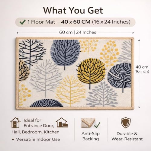 Image of Matz & More Nylon Tufted Gel Baking Anti-Slip Floor Mat | 40 x 60 cm | Beige & Yellow Floral Design | Doormat for Home Entrance, Kitchen & Bedroom