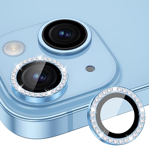 Image of Glass Camera Lens Protector Compatible For Iphone 15 /15 Plus Bling,Individual Metal Diamond Ring 9H Hardness Scratchproof Protector,Stylish Accessories,Case Friendly(Blue Diamond)