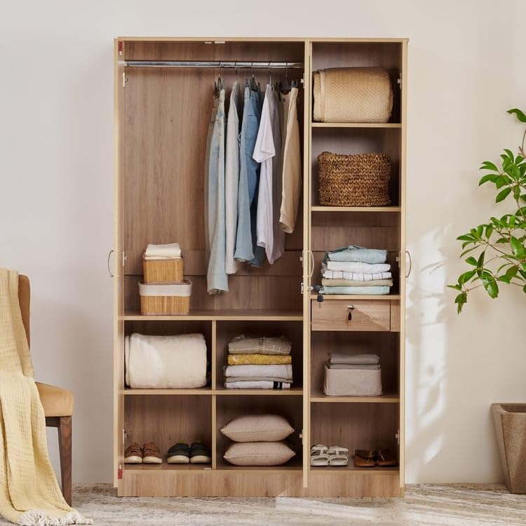 Image of Home Centre Engineered Wood Helios Alton 3-Door Wardrobe with Mirror, Brown