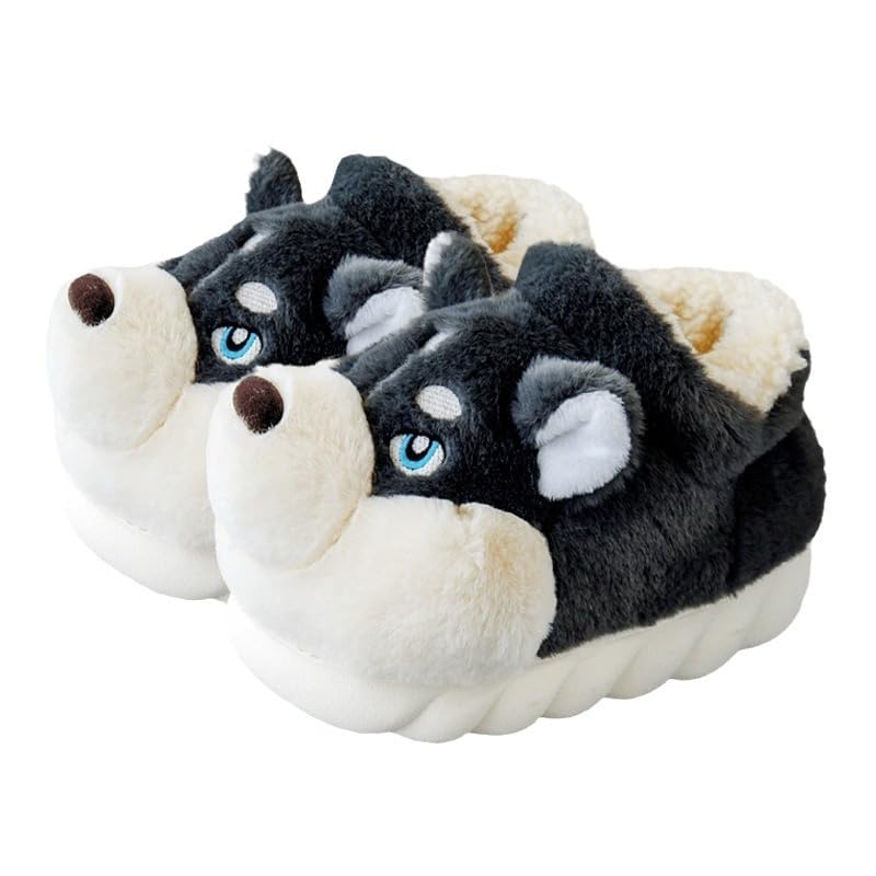 Husky Fleece Animal Cozy House Slippers Indoor Outdoor Funny Cute Slippers for Women and Kids (Two Styles to Choose)(44-45, Black)