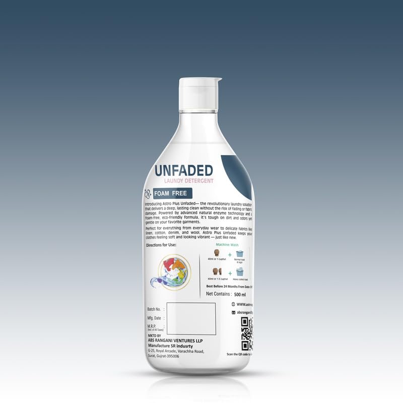Image of ASTRO PLUS + Unfaded Laundry Detergent Liquid 500ML | Hypoallergenic, Ecofriendly, Biodegradable, Gentle Fabric Wash |Natural Formula for Tough Stain Removal & Fabric Care