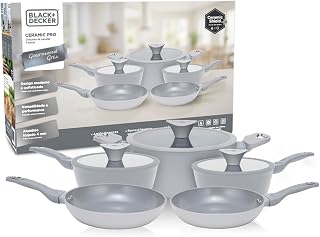 BLACK+DECKER Conjunto de Panelas 5 Peças Ceramic Pro Gourmand Gris – Revestimento Cerâmico Antiaderente, Base Compatível com Indução e Tampas de Vidro com Borda de Silicone - Mist Grey