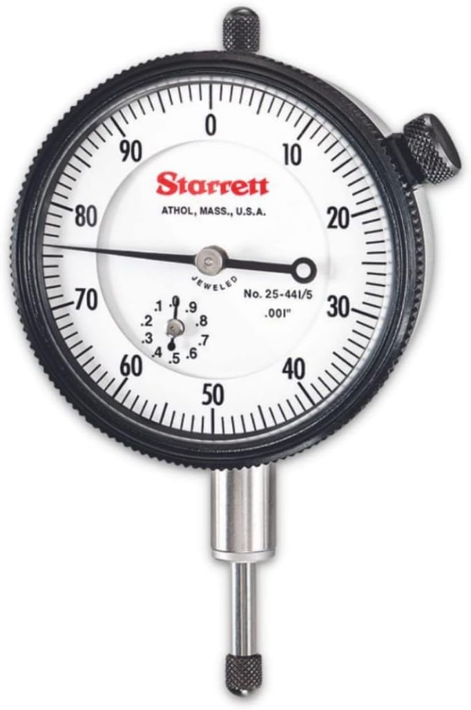Starrett 25-441/5J Dial Indicator, 0.375" Stem Diameter, Lug-On-Centre Back, White Dial, 0-100 Reading, 0-0.5" Range, 0.001" Graduation