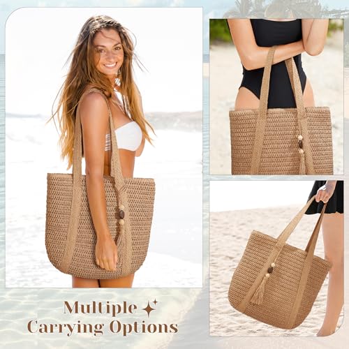 Image of Pleneal Straw Beach Bags for Women - Women Beach Handmade Woven Tote Bag, Summer Mesh Hollow Shoulder Bag for Holiday