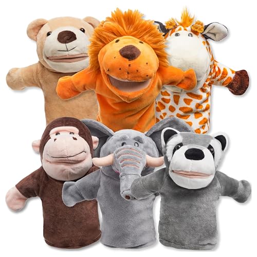 JOYIN 6Pcs Kids Hand Puppet Set with Working Mouth, Toddler Plush Toy Includes Elephant, Giraffe, Lion, Bear, Raccoon and Monkey for Show Theater, Easter Birthday Gifts for Kid