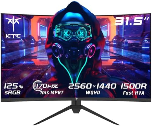 KTC Gaming Monitor 32 Zoll Curved, 170Hz, QHD 2K 2560 x 1440p, 1ms, HDR10, Freesync & G-sync, VA 1500R PC Bildschirm, 125% sRGB, Blaulicht Reduktion, VESA, DP 1.4 165Hz, HDMI 2.0 144Hz, USB, H32S17