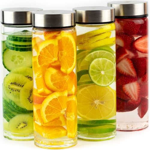 Juice Bottles - 4 Pack Wide Mouth Glass Bottles with Lids - for J...
