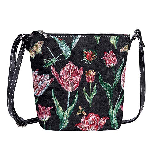 Signare Tapisserie Kleine Tasche Damen, Handtasche Damen Klein, Reisepass Tasche, Mini Handtasche mit Blumenmustern (Tulpe schwarz)