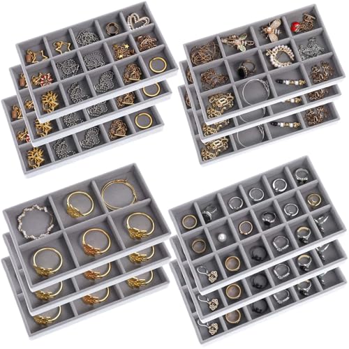 DIVINA VITAE 12Pcs Velvet Jewelry Trays for Drawers, Divided Stackable Grid Jewelry Trays, Inserts Jewelrys Drawer Organizer for Earrings Rings Necklace Bracelets Storage Display(Grey, 4 Styles)