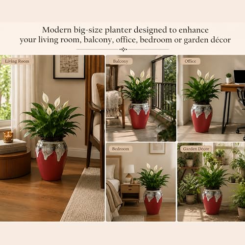 Image of Ceramic Flower Pots for Garden | Big Size Planters for Home Decor, Living Room, Balcony & Office | Multi Utility Vase Gamla for Indoor Outdoor Plants (Hand-Painted, Red, 10 Inch)