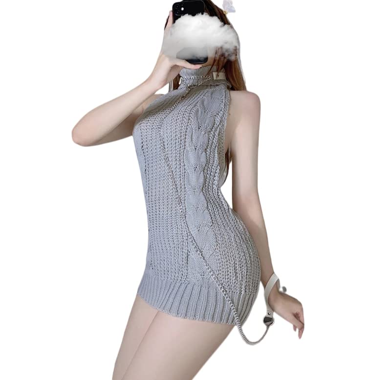 SINROYEE Womens Anime Sweater Japanese Turtleneck Knitted dress Backless Pullover Sleeveless Vest Cow spots Virgin Killer