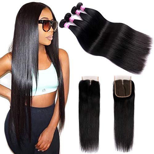 FQ Straight Human Hair Bundles Peruvian 4 Bundles with Closure(24 26 28 30+20) Unprocessed Human Hair Bundles with 4x4 Lace Closure Straight Hair Weave Bundles Natural Color