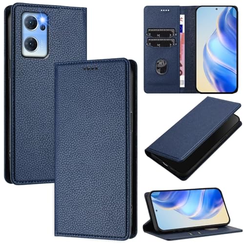 xinyunew Handyhülle für Oppo Reno 7 5G/Find X5 lite Hülle, Klapphülle Premium Lederhülle Klappbar Flip Hülle Tasche Magnet Kartenfach Standfunktion Klapphülle Schutzhülle, blau