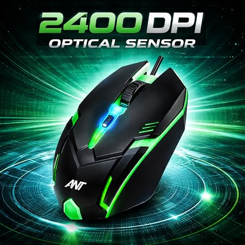 Image of Ant Globe 12 Wired Optical Gaming Mouse - 2400 DPI High-Precision Sensor, Multicolour RGB Backlight, 4 Responsive Buttons, Ergonomic Lightweight Design for PC, Mac, Laptop & Desktop (Black)