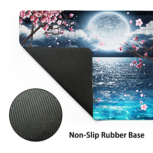 Image of Pink Cherry Blossom Gaming Mouse Pad XL Sakura Tree Blue Ocean Moon Night Extended Big Large Desk Mat Non-Slip Rubber Base Stitched Edge Long Keyboard Mousepad for PC Computer Laptop,31.5x11.8 in