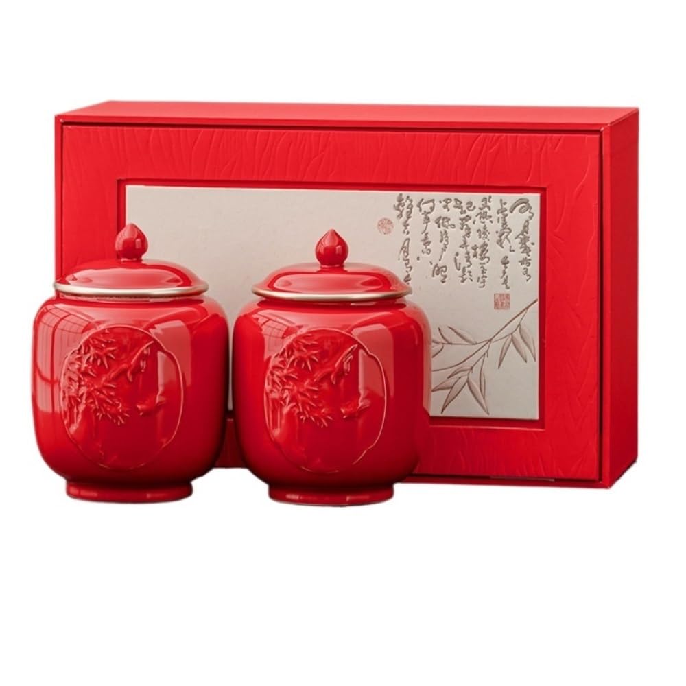Lata de té Recipiente de cerámica for almacenar té a Granel, Tarro Gran Capacidad, Sellado, con Relieve Retro, Caja Regalo Dos tarros Carrito de té(A)