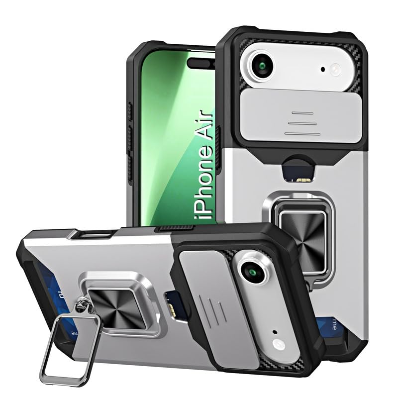 Image of LuxuryKase Shockproof Armor Case for iPhone Air | Slide Camera Cover | Hidden Card Slot | Rotating Ring Kickstand | Magnetic Car Mount Support | Military Grade Protection - White