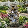 Outdoor Water Fountain Large 30'' - Resin Waterfall Fountain with LED Light, 5-Tiers Cascading Rock Outdoor Water Fountain for Patio, Yard, Garden, Backyard, Decking with Natural Stone Look