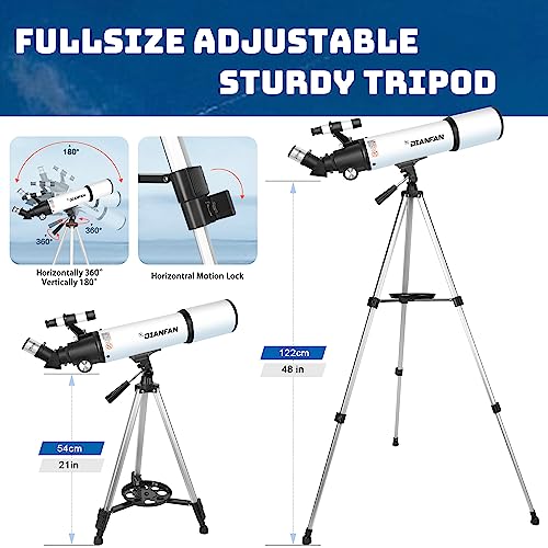 Dianfan Teleskop,80mm Öffnung 600mm Teleskop Astronomie Profi für Erwachsene,Refraktor Teleskop für Kinder und Einsteiger mit Telefon Adapter, AZ Montierung, Stativ und Tasche