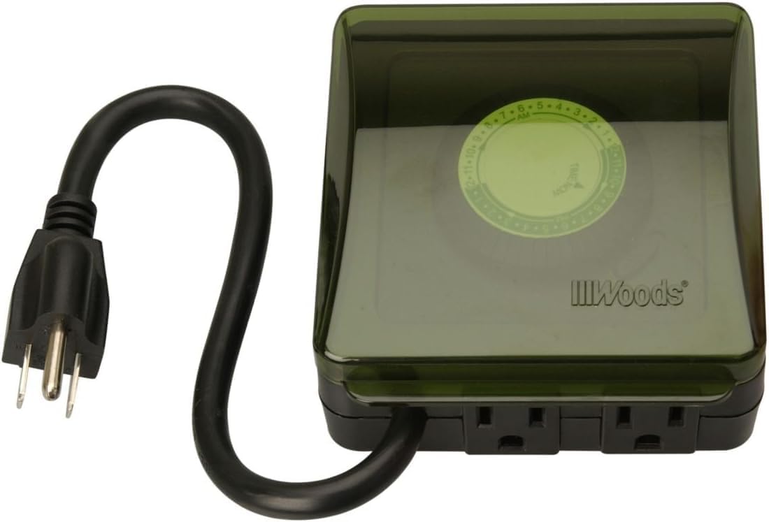 Southwire Woods Outdoor 24-Hour Heavy Duty Mechanical Plug-In Timer - Energy-Saving Control - Dual Grounded Outlets - Programmable Outdoor Timer - Weatherproof Design - Black