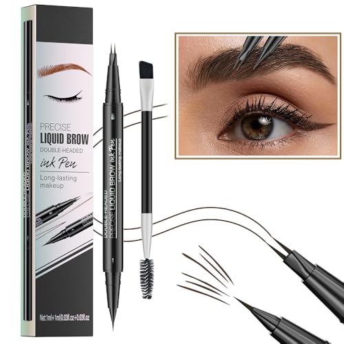 Pinkiou Microblading Eyebrow Pen, 2-In-1 Waterproof Eyebrow Pen, Dual-Ended Eyebrow Pen with 2-Fork-Tips and Precision Brush, Eyebrow Pen for Natural Hair-Like Brows, Long Lasting, Black Brown
