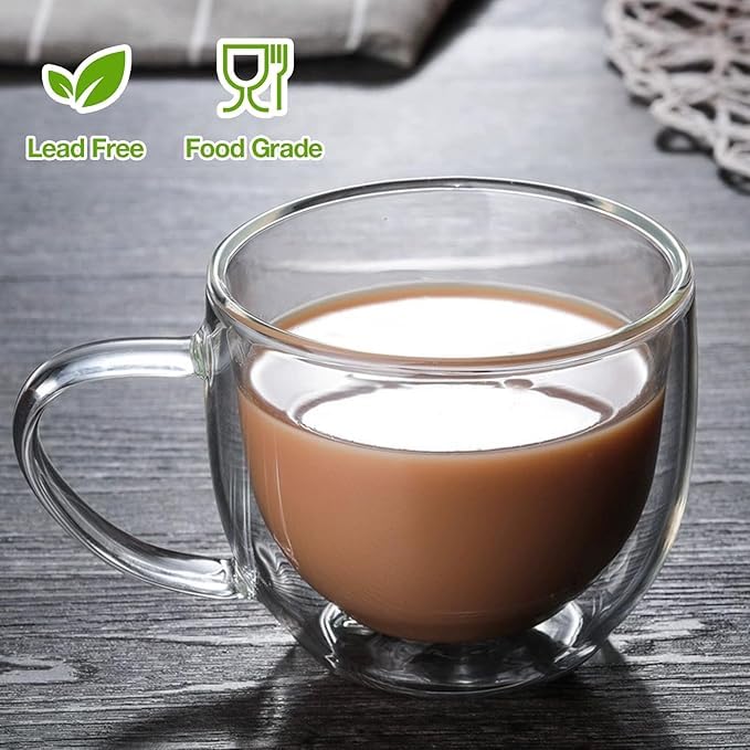Image of PrimeWorld Double Walled Glass Coffee Mugs - Set of 2, 250ml | Hand-Blown Insulated Glass Cups with Handle | Clear Heat Resistant Mugs for Cappuccino, Latte, Americano, Tea & Beverages