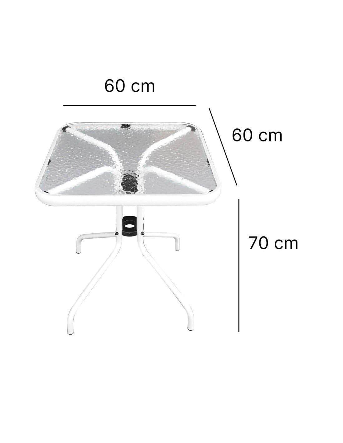 Jardin202 - Mesa de Cristal 60x60x70 cm Cuadrada con Base Metálica Resistente - Ideal para Terraza, Jardín o Balcón | (Blanco)