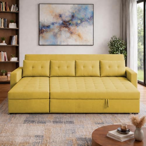 Image of Emilio 6 Seater LHS L - Shape Pull-Out Sofa Cum Bed Sofa for Living Room (Yellow Fabric Color) Premium Fabric Sofa Set for Living Room Sofa Cum Bed