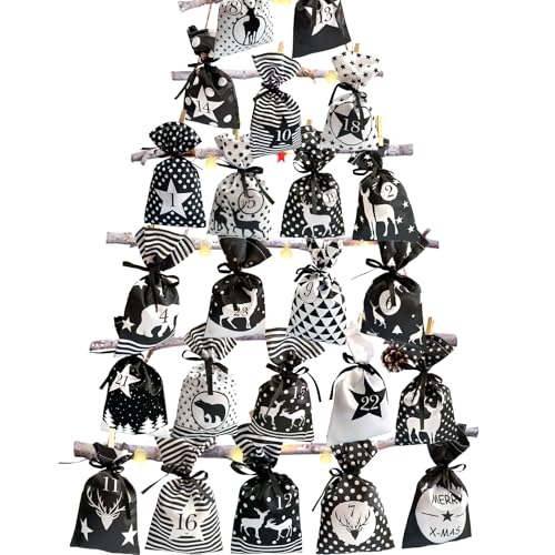 Adventskalender zum Befüllen (12x20cm), 24 Stoffbeutel Kette zum selber Basteln und Aufhängen, 2025 Weihnachtskalender zum selberfüllen mit Stoff Säckchen für Kinder (Schwarz)