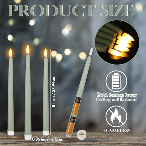 Image of Handepo 48 Pack Flameless Taper Candles Realistic with Flickering Candlelights Plastic 11 Inch Last Long Battery Operated Window Candlestick for Halloween Christmas(Sage Green)