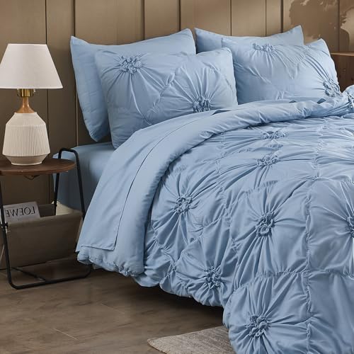 Image of Sky Blue Comforter Set Queen Size Bed in A Bag 7 Piece Pinch Pleat Bedding Set,Pintuck Ruched Flowers Bed Set with Comforter, Sheets, Pillowcases & Shams