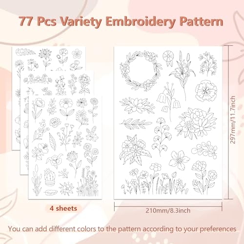 peacoblue Water Soluble Embroidery Patterns for Beginners 4 Sheets Wildflower with 77pcs Patterns - Image 2