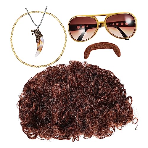 BESTYASH Men's Disco Wig Fake Beard Sunglasses Set 70s Party Accessory for Cosplay